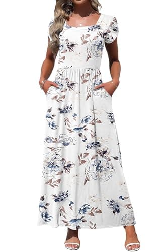 MOLERANI Robes Longues d'été Femmes Robe Maxi à Manches Courtes à la Mode Robe trapèze avec Poches, Floral Blanc, XL