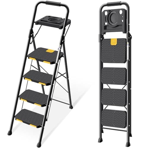 KINGRACK 4 Step Ladder, Sturdy Steel Step Stool with Tool Platform, Safe-Lock, Handrail, Anti-Slip Wide Pedals, Pass 330lbs Load Testing, Folding...