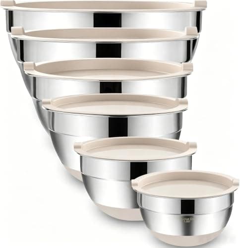 Umite Chef Mixing Bowls with Airtight Lids 6 Piece Stainless Steel Metal Nesting Storage Bowls, Non-Slip Bottoms Size 7, 3.5, 2.5, 2.0,1.5, 1QT,...