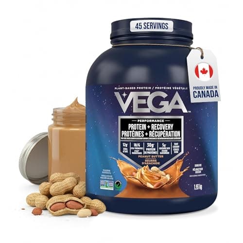 Vega Sport Vegan Protein Powder + Recovery - 30 g de protéines végétales par portion, beurre de cacahuète, 45 portions, 5 g de BCAA, probiotiques, certifié NSF,...