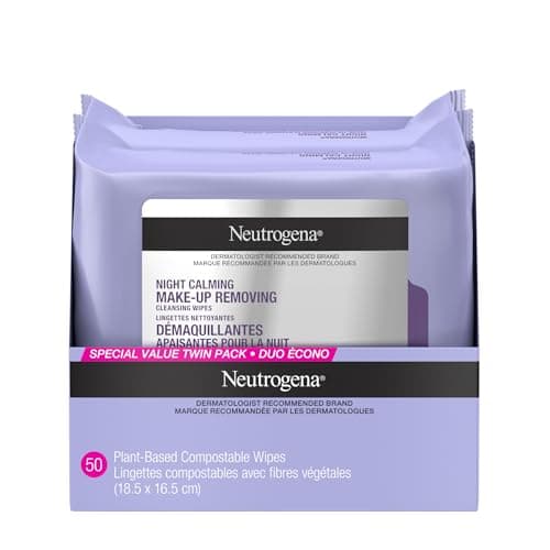 Neutrogena Night Calming Makeup Remover Face Wipes, 100% Plant-Based Cloth Hypoallergenic Nighttime Cleansing Towelettes, Remove Waterproof Makeup,...