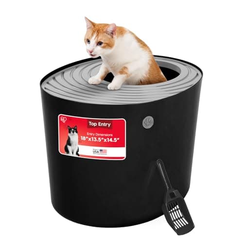 IRIS USA Top Entry Cat Litter Box with Scoop - Large - Stylish Enclosed Round Oval Kitty Dog Proof Box, Litiere Pour Chat Bac - Black/Gray