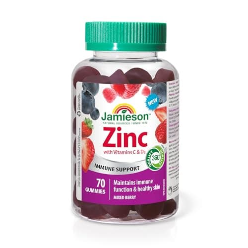 Jamieson Zinc 15 mg, 70 Gummies, Mixed Berry Flavour. With 50 mg Vitamin C and 400 IU Vitamin D3, Supports Immune Health, Bone Health, Healthy...