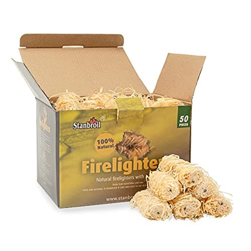 Stanbroil Lot de 50 allume-feu au charbon naturel, éclairage super rapide, parfait pour les barbecues, les fumeurs, les poêles à bois, les feux de camp et les cheminées extérieures