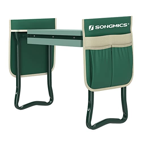 SONGMICS Garden Kneeler and Seat, Multifunctional Garden Stool Bench, Gardening Gifts, 2 Tool Bags, 20 cm Wide Kneeling Pad, Dark Green UGGK60L01