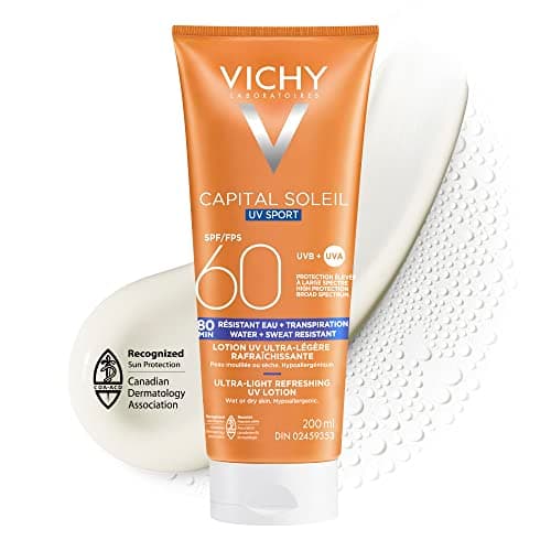 Écran solaire Sport résistant à l'eau Vichy, Lotion écran solaire ultra légère Ideal Soleil Sport SPF 60 pour le visage et le corps, avec SPF 60 à large spectre et...