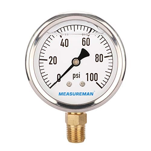 MEASUREMAN 2-1/2" Dial Size, Glycerin Filled Plumbing Pressure Gauge, 0-100psi, Stainless Steel Case, 1/4" NPT Lower Mount