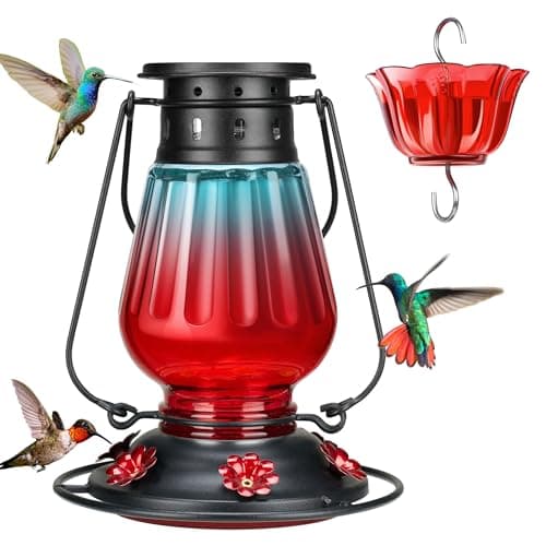 Kingsyard Glass Hummingbird Feeder for Outdoors Hanging - Vintage Lantern Style Leak-Proof Humming Bird Nectar Feeder with 6 Feeding Ports & Ant...