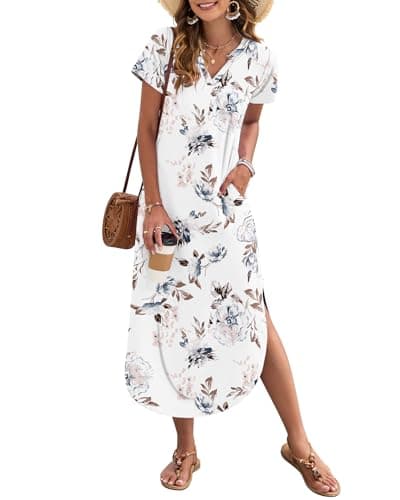 MISFAY Robe longue d'été pour femme 2026, manches courtes, décontractée, col en V, coupe ample, fendue, longue, t-shirt de plage (blanc floral-L)