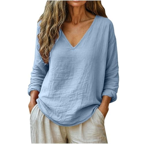 Summer Tops for Women 2026 Cotton Linen Long Sleeve Shirts V Neck Casual Blouses for Work Beach Vacation Boho Tshirts