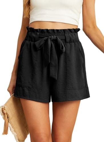 IWOLLENCE Shorts Women with Pockets Shorts Women Summer Casual Shorts for Women Waist Casual Lightweight Adjustable Tie Knot Loose Black Large