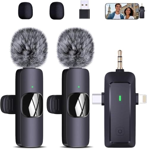 Wireless Lavalier Microphone for iPhone/Android/Camera/Computer - 4 in 1 Clip-on Microphone with Noise Reduction for Outdoor Vlogging, Interview,...