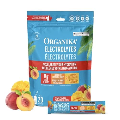 Organika Canadian-Made Electrolytes Powder with Vitamin C & Prebiotic Fibre - Sugar-Free Hydration Drink Mix - Peach Paradise - 20 Single-Serve...