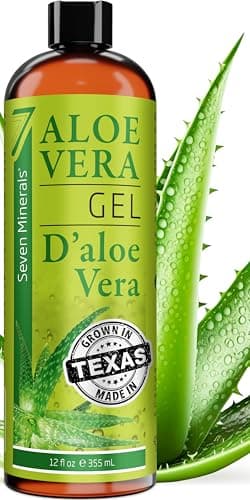 Seven Minerals Organic Aloe Vera Gel from freshly cut 100% Pure Aloe - Big 12oz - HighestQuality, Texas grown, Vegan, Unscented - For Face, Skin, Hair