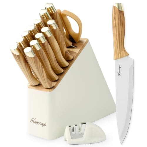 Hancorys Knife Set, 14 Pieces Kitchen Knives Set with Block and Gift Sharpener, High Carbon Stainless Steel and Ergonomic Handle Knife Block Set
