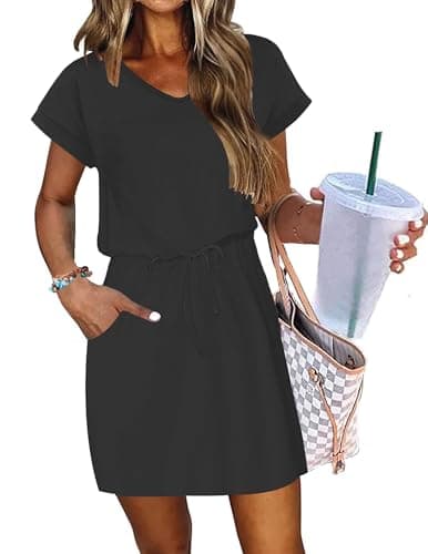 WNEEDU Summer Black Dresses for Women Short Sleeve V Neck Drawstring Waist Beach Vacation Dress with Pockets (Black,M)