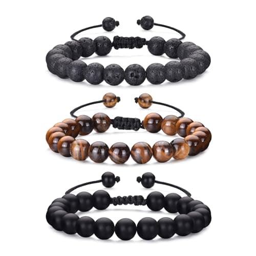 Bracelets MOROTOLE pour hommes, bracelets en perles d'oeil de tigre pour hommes, bracelets en pierre de lave mate, bande empilée, ensemble de bracelets en pierre naturelle réglables noir...