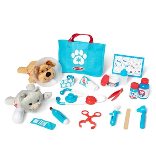 Melissa & Doug Examine and Treat Pet Vet Play Set, ensemble de jeu Animal Doctor de 24 pièces avec peluches pour chiens et chats, kit et accessoires Pet Doctor, préscolaire...