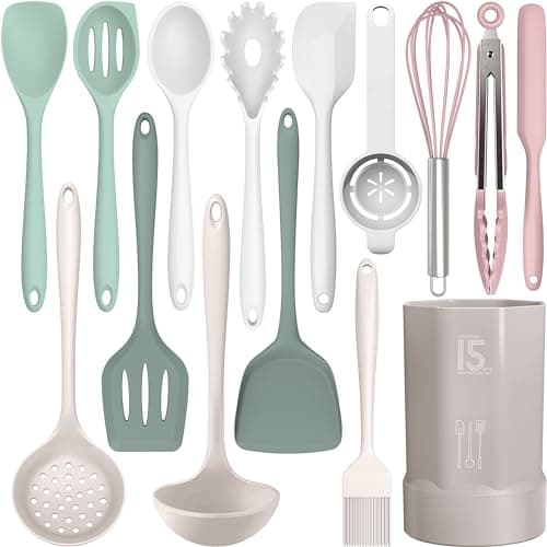 Silicone Cooking Utensils Set - 446°F Heat Resistant Silicone Kitchen Utensils,Spatula,Spoon, All Clad Kitchen Utensil Sets Gadgets Tools for...