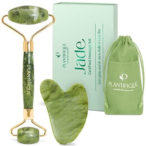 Plantifique Jade Roller and Gua Sha Facial Tool Set - Anti Aging Face Roller and Guasha Tool for Face, Eyes, Neck Massager for Tension Relief,...