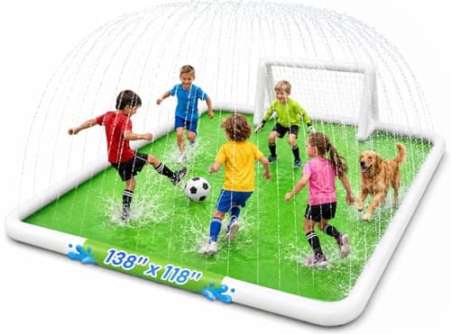 EPN Splash Pad for Kids, 138" x 118" Extra Large Sprinkler Mat with Soccer Goal & Ball, Non-Slip Thick PVC Water Play Mat, Outdoor Backyard Water...