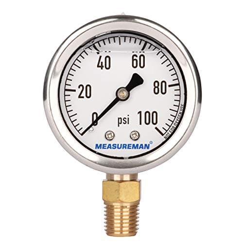 MEASUREMAN 2" Dial Size, Glycerin Filled Plumbing Pressure Gauge, 0-100psi, Black Steel Case, 1/4" NPT Lower Mount
