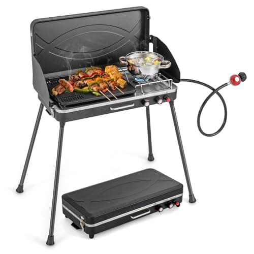 Giantex Portable Propane Grill & Camping Stove, 20,000 BTU Gas Camping Grill Burner, Independent Temperature Control, 3-Sided Wind Guard,...