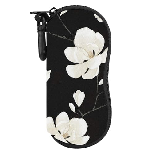 MoKo Sunglasses Soft Case Ultra Light Neoprene Zipper Eyeglass Case with Clip, Black & White Magnolia