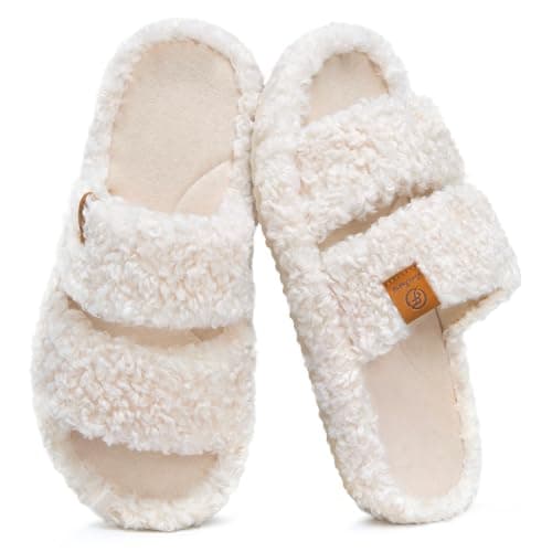 EverFoams Womens Fuzzy Open-toe Slippers Soft Comfy Memory Foam Indoor House Shoes Vanilla Ice,7-8 US