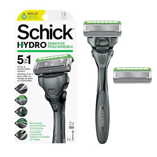 Schick Hydro 5 Sense Sensitive Skin Razor with Shock Absorb Technology for Men, 1 Handle with 2 Refills