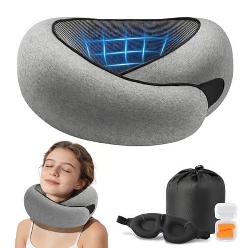 Purroch Oreiller cervical Avion, Oreiller de voyage avec masque pour les yeux et bouchons d'oreilles, Oreiller en mousse à mémoire de forme avec sangle Velcro réglable, Oreillers pour voyage, avion,...