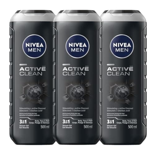 NIVEA MEN Active Clean Shower Gel Bundle (Pack of 3), 3-in-1 Men Body Wash with Active Charcoal for Body, Face & Hair, For All Skin Types, Fresh...