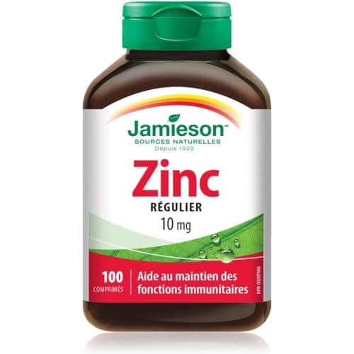 Jamieson Zinc 10 mg, Supports Immune Health, Tissue Formation, and Healthy Skin. Vegetarian, Non-GMO, Gluten-Free, 100 Tablets, Proudly Canadian