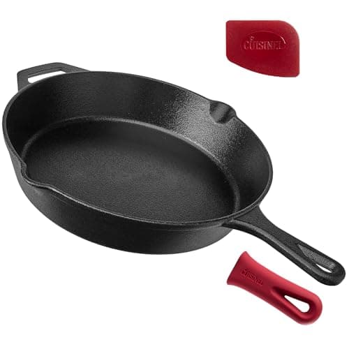 Cast Iron Skillet - 12"-Inch Frying Pan with Assist Handle and Pour Spots + Silicone Grip Cover - Pre-Seasoned Oven Safe Cookware - Indoor/Outdoor...