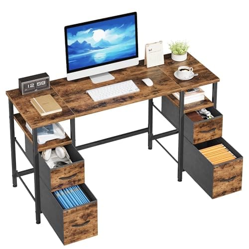 YAOHUOO Bureau avec 4 tiroirs en tissu, bureau 55"/140 avec tiroirs classeurs, bureau d'ordinateur avec rangement léger, bureau de travail industriel pour la maison...