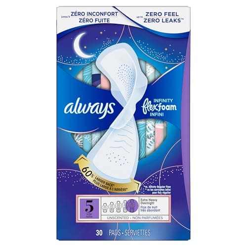 Always Infinity FlexFoam Pads for Women, Size 5, Extra Heavy Overnight Pad with Wings, Unscented, 30 Count