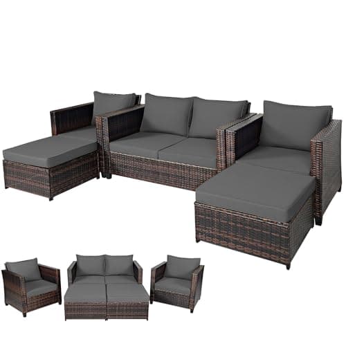 Ensemble de meubles de patio DORTALA 5 pièces, ensemble de canapés sectionnels d'extérieur en osier avec causeuse, 2 chaises simples et poufs, ensemble de conversation en rotin pour...