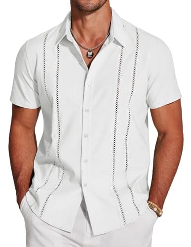 COOFANDY Chemise cubaine Guayabera pour hommes, chemises boutonnées à manches courtes, chemises décontractées d'été en lin pour la plage