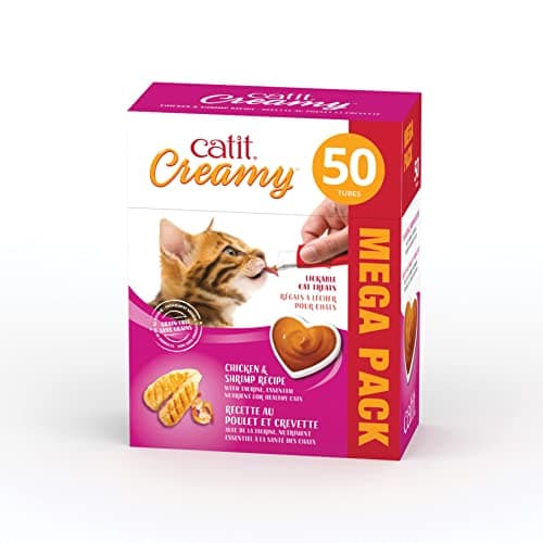 Catit Creamy Cat Treats Lickable, Chicken & Shrimp Flavor, 50 tubes, Mega Pack, Hand-Fed Lickable Cat Treats, Healthy & Hydrating, Made With Fresh...