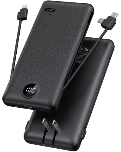 VRURC Portable Charger with Built-in Cables and AC Wall Plug, 10000mAh Power Bank USB C Phone Charger 5 Output 2 Input LED Display Ultra Slim...