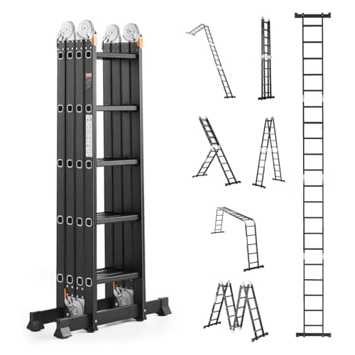 VEVOR Multi-Purpose Folding Ladder, 7-in-1 Tall Extension Step Ladder, A Frame 5 Step Telescoping Ladder, 19ft Reach Height Heavy Duty Adjustable...