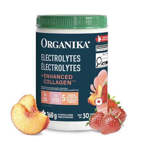 Organika Canadian-Made Electrolytes + Enhanced Collagen - Strawberry Peach Flavour - Sugar-Free Hydration | 5g Protein + 100% of Daily Vitamin C -...