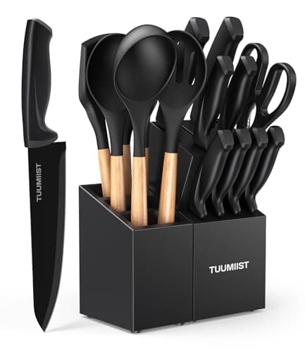 Knife Set, TUUMIIST 18PCS Black Kitchen Set - Knife Set with Block and Sharpener & Kitchen Utensils Set & Removable Utensil Holder-Precision...