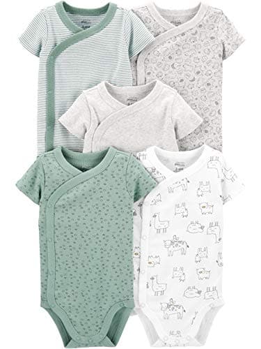 Simple Joys by Carter's Baby 5-Pack Short Sleeve Side Snap Bodysuit, Green Prints, 0-3 Months