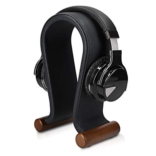 Navaris Omega Headphone Stand - Synthetic Leather Headset Hanger with Wood Base - Holder for Wired, Wireless, Gaming, DJ, Studio Headphones - Black