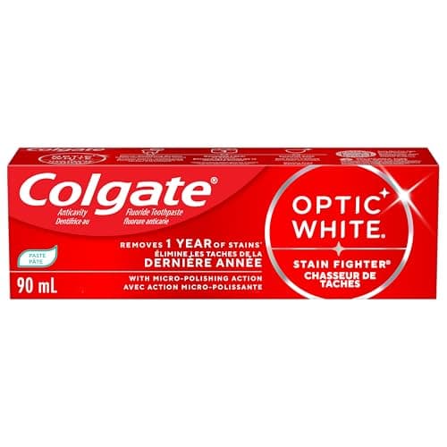 Colgate Optic White Stain Fighter Stain Removal Toothpaste, Clean Mint Paste, 90 mL