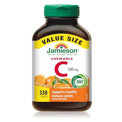 Jamieson Chewable Vitamin C 500 mg Natural Tangy Orange, Supports Immune Health, Strong Teeth and Bones. Family Friendly (4+), Vegetarian, Non-GMO,...