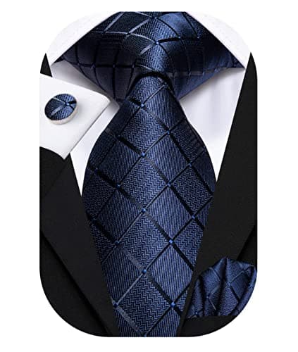 Hi-Tie Cravate extra longue pour homme de 160 cm et cravate carrée en soie avec boutons de manchette pour fête formelle, mariage, carreaux bleu marine