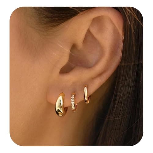 Trinckle 3 Pair Small Gold Hoop Earrings Sets For Multiple Piercing, Chunky Gold Hoop Earring For Women as Huggie Earrings Helix Piercing Jewelry,...