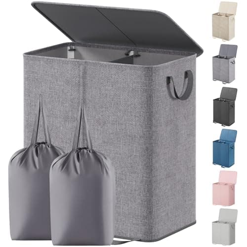 Lifewit Double Laundry Hamper with Lid and Removable Laundry Bags, Large Collapsible 2 Dividers Dirty Clothes Basket with Handles for Bedroom,...